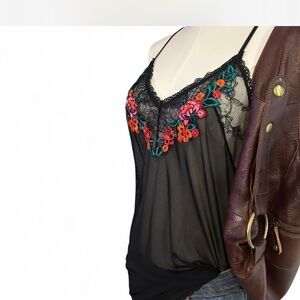 Black Sheer Mesh Slip Lace Halter with Cage Back Embroidered V-neck Small Dress